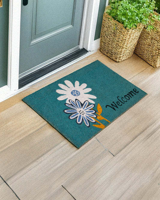 Welcome with Flower Pair Printed Coir Door Mat