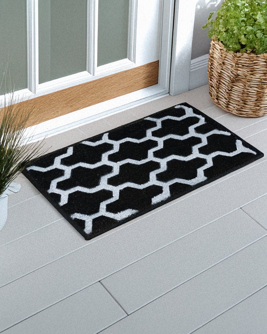 Black and White Heptagons Printed Coir Door Mat