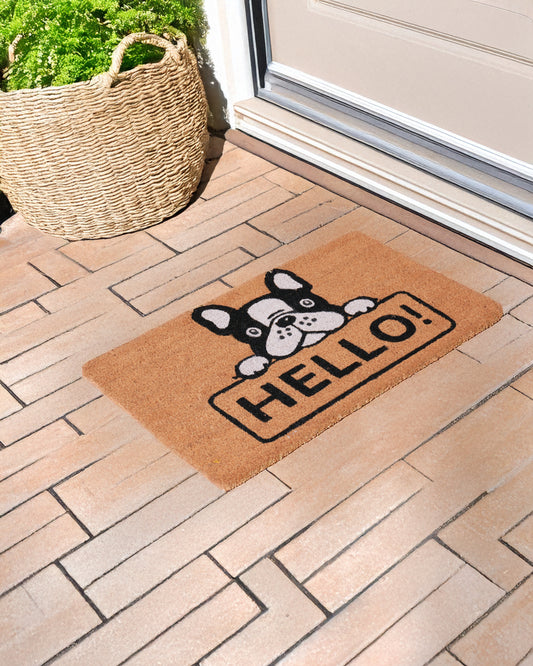 Hello with a Bulldog Printed Coir Door Mat πΆβ¨
