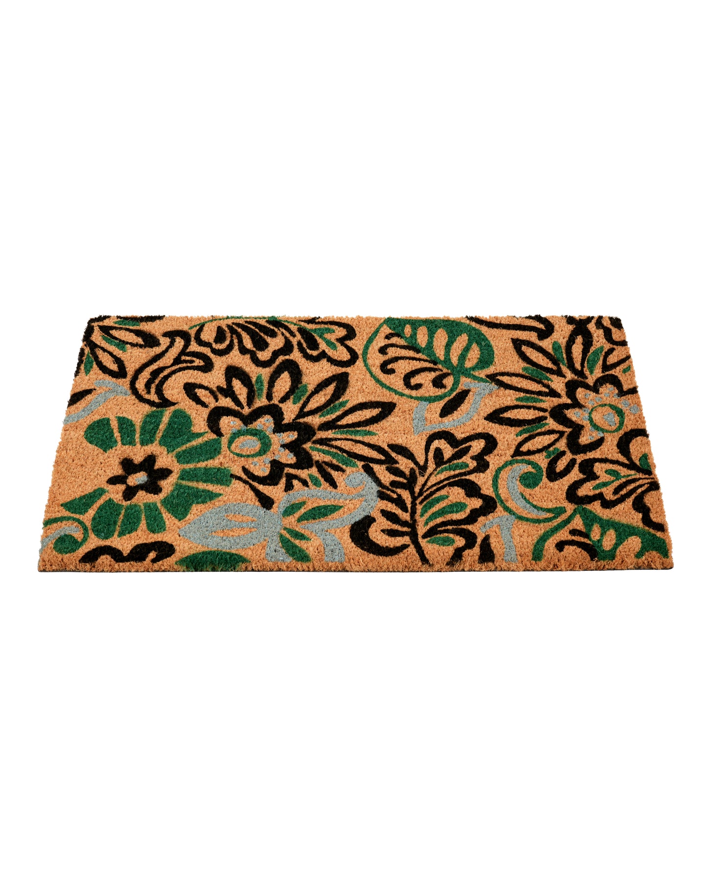 Green and Black Flowers Printed Coir Door Mat