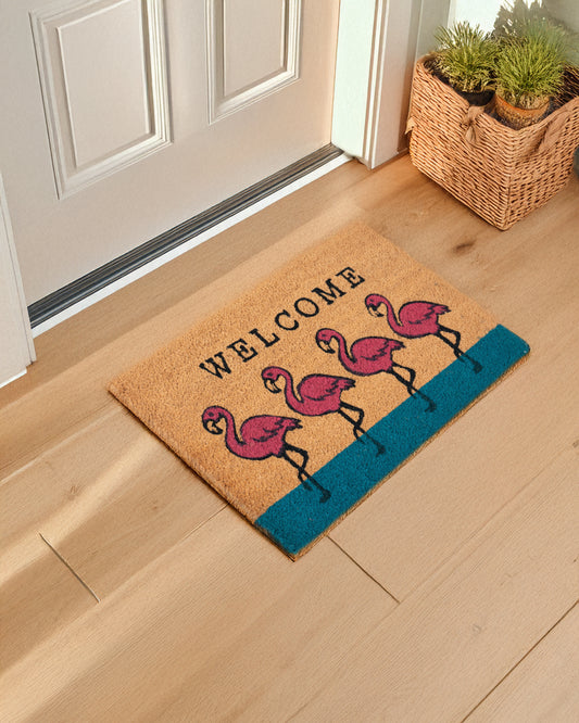 Welcome with Flamingos Printed Coir Door Mat