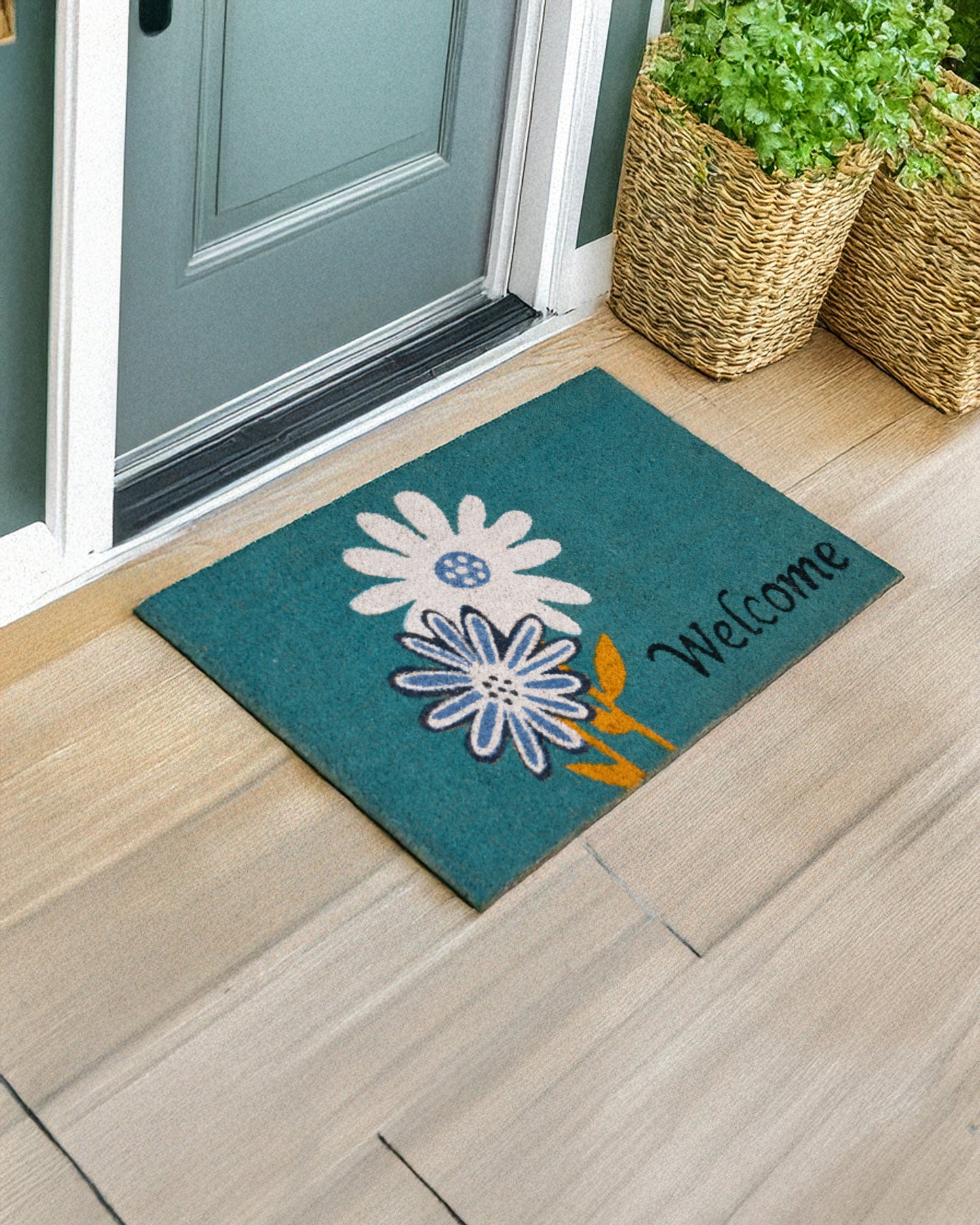 Welcome with Flower Pair Printed Coir Door Mat