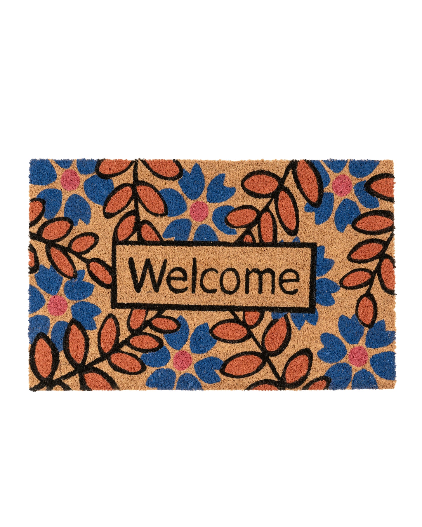 Welcome with Blue and Orange Flowers Printed Coir Door Mat