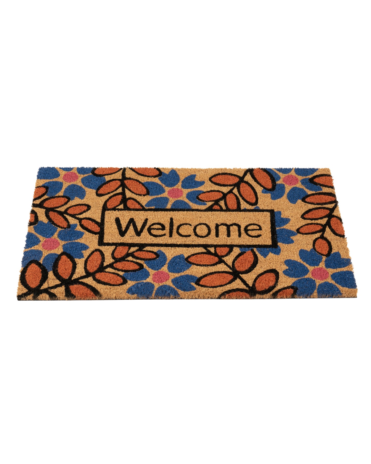 Welcome with Blue and Orange Flowers Printed Coir Door Mat