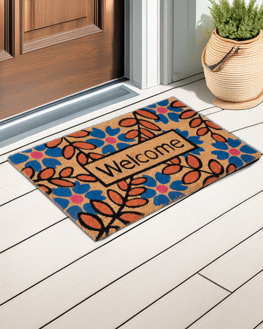 Welcome with Blue and Orange Flowers Printed Coir Door Mat