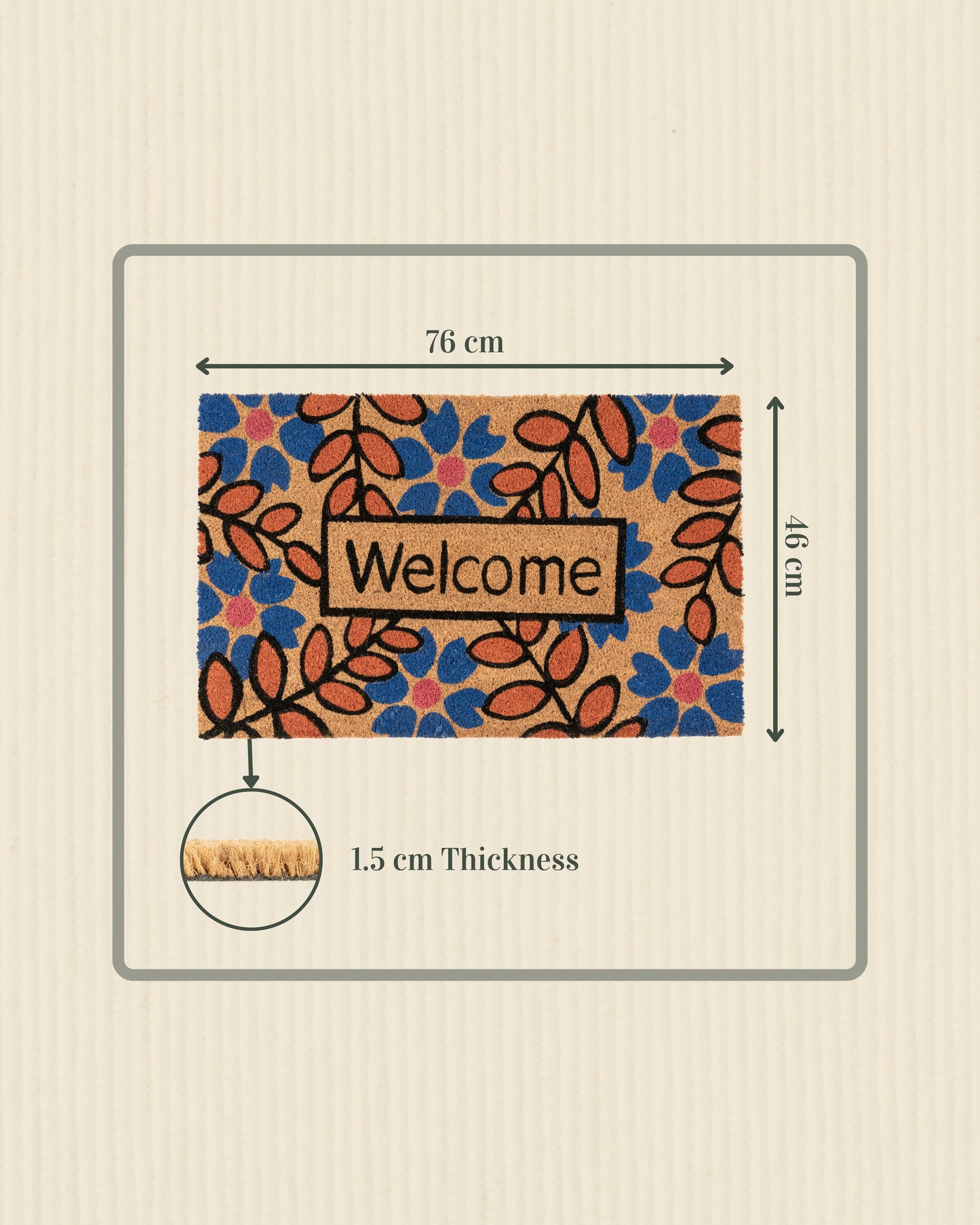 Welcome with Blue and Orange Flowers Printed Coir Door Mat