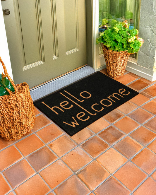 Hello Welcome with Black Background Printed Coir Door Mat