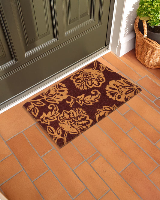Maroon Flowers and Leaves Printed Coir Door Mat 🌿🌺