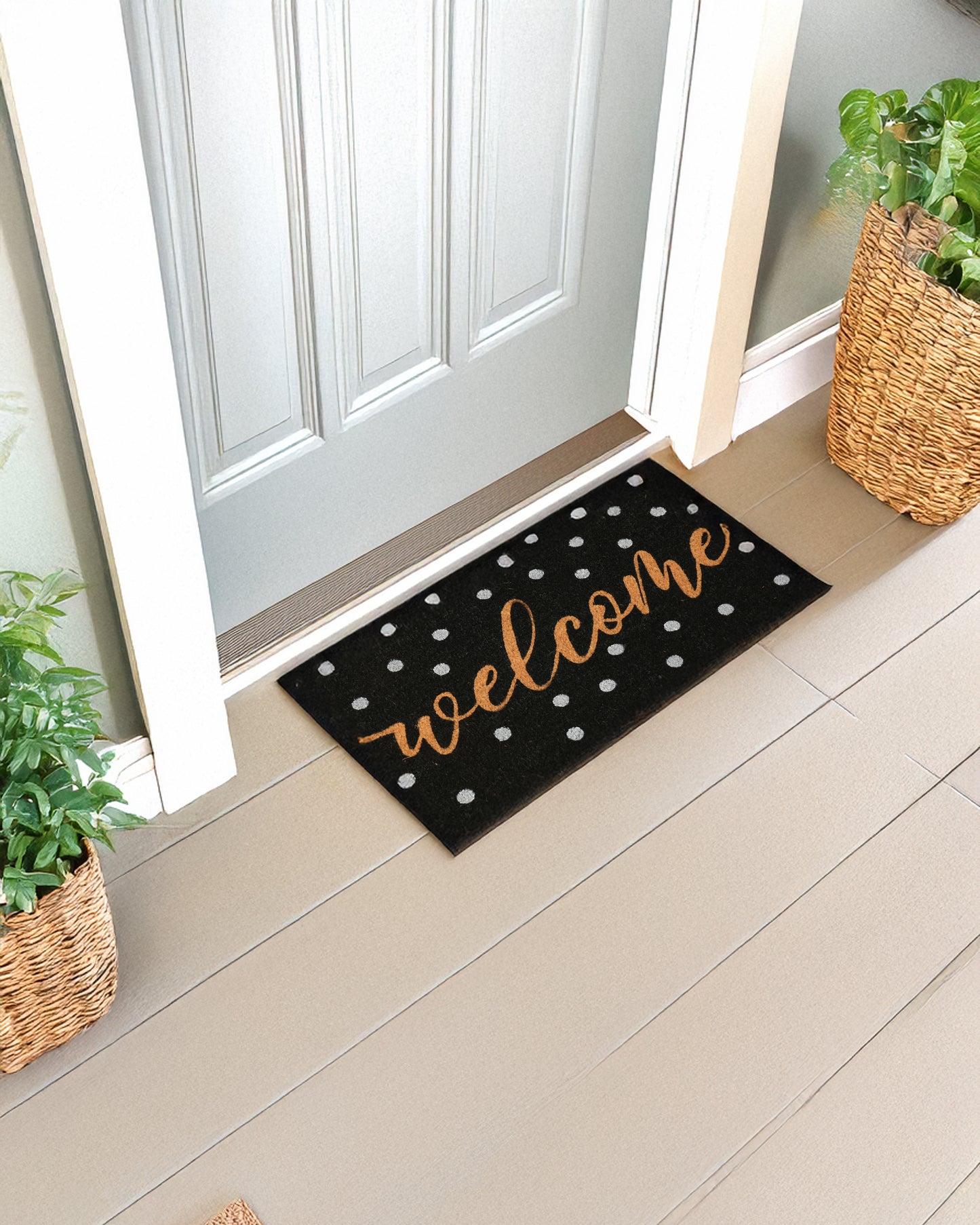 Golden Welcome with Dots Printed Coir Door Mat