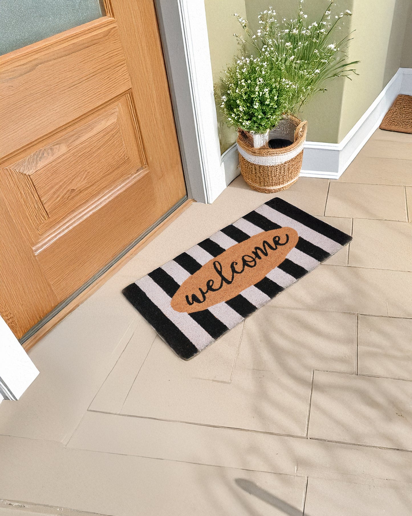 Golden Welcome with Stripes Printed Coir Door Mat