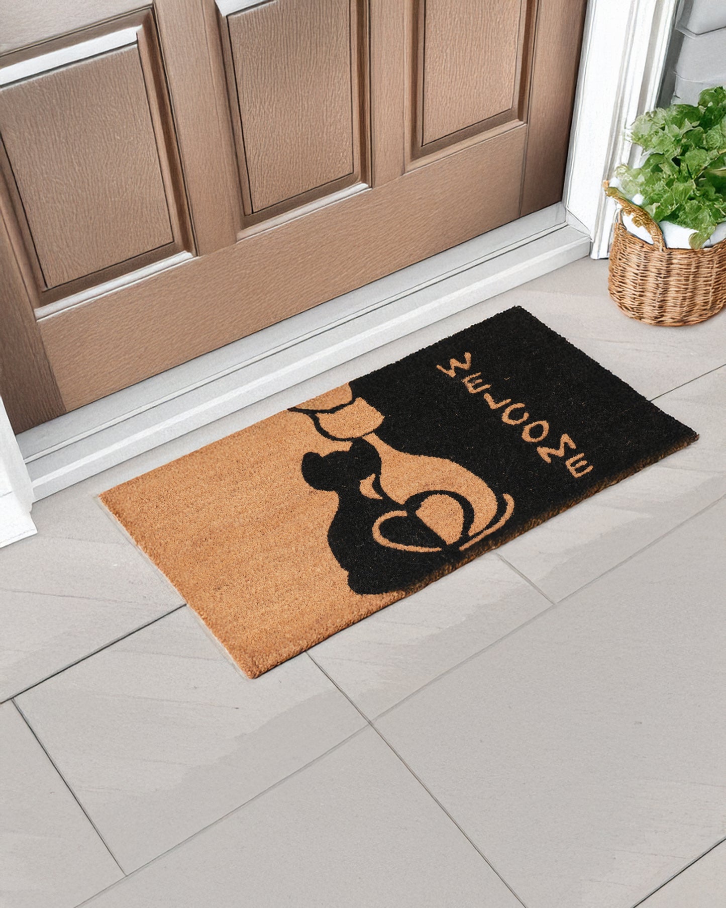 Welcome with Cat Tail Heart Printed Coir Door Mat