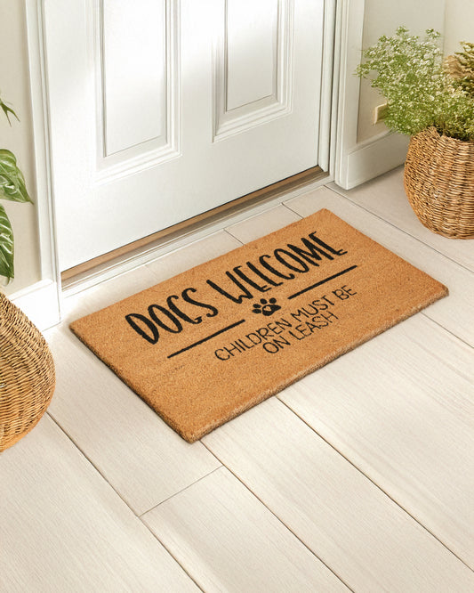 Children Must Be on Leash, Dogs Welcome Printed Coir Door Mat