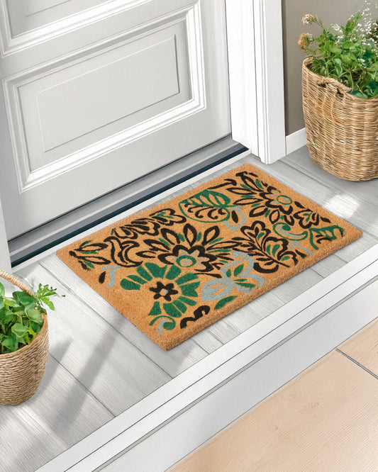 Green and Black Flowers Printed Coir Door Mat